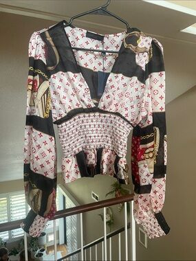Louis Vuitton Black, White & Red Silk-Blend Smocked Waist Long Sleeve Top